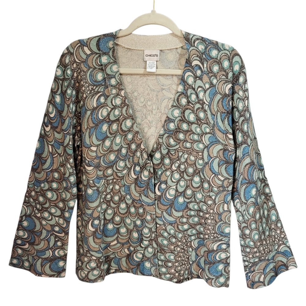Chicos Cardigan Sweater Sz 1 / M Blue Peacock Sparkle Flare Bell Sleeves Office